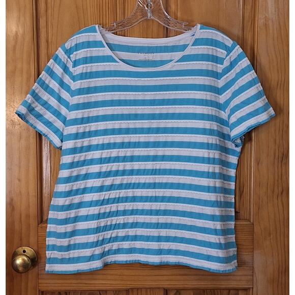 Talbots Shirt Women's XL Ruffled Tee 100% Cotton Turquoise White Striped Preppy - Picture 1 of 7